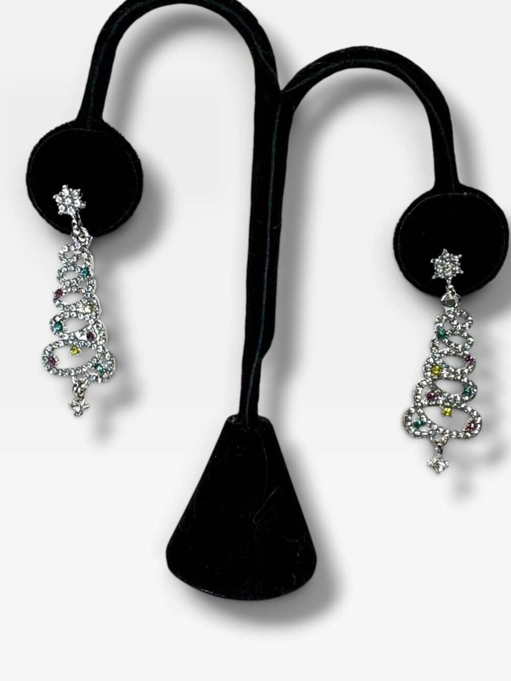Crystal Rhinestone Christmas Tree Dangle Earrings Multicolor Festive Holiday Jew